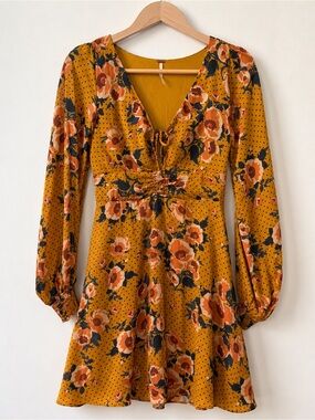 Free People Mustard Floral Mini Dress Size 4 Boho Cottagecore Long Sleeve